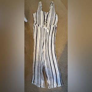 Blue & white striped jumpsuit with adjustable tie